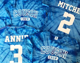 Personalized Cousin Shirts, Cousin Crew, Royal Blue Tie Dye T-shirt, Custom Name and Number, Kids, Youth, Adult, All Ages, gift for grandkid