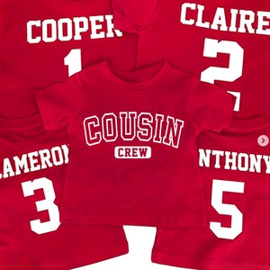 Personalized Cousin Shirts, Cousin Crew, Red T-shirt, with Custom Name and Number, Baby, Toddler, Youth, Adult, Kids Name and Age, grandkids