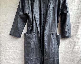 Vintage Genuine Leather Black Trench Coat, 90s Y2K