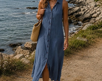 Vintage 90s Linen Maxi Dress | Blue Sleeveless Button-Down Shirt Dress