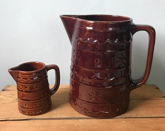 Set of 2 Vintage Marcrest Daisy and Dot Pitchers - Oven Proof Brown Stoneware Pitcher - Retro Kitchen Decor - Large and Small Pitchers