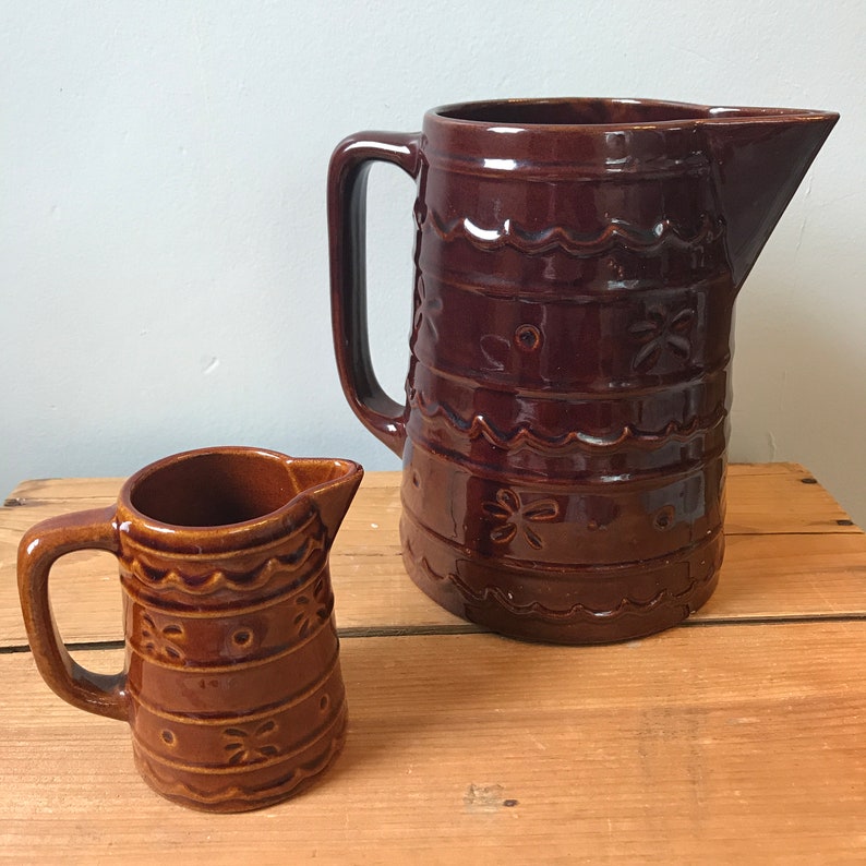 Set of 2 Vintage Marcrest Daisy and Dot Pitchers Oven Proof Brown