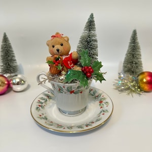 Christmas Teacup and Saucer with Vintage Ornaments - Vintage Felt Plastic Teddy Bear Ornament Bottle Brush Tree Christmas Gift Decoration