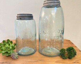 Pair of Vintage Mason Patent Nov 30 1858 Aqua Blue Jars with Zinc Lid - Zinc Lid Mason Jar - Half Gallon Mason Jar - Blue Canning Jars