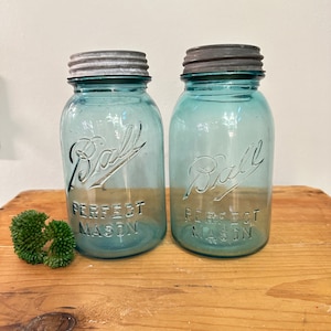 Pair of Vintage Ball Aqua Blue Perfect Mason Quart Jars with Zinc Lid - Zinc Lid Ball Jar - Vintage Ball Blue Quart Jar - Blue Canning Jars