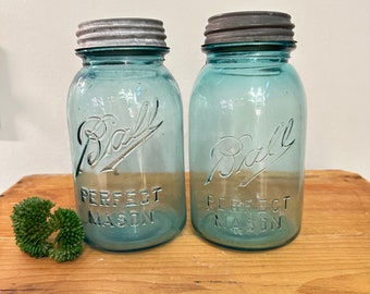 Pair of Vintage Ball Aqua Blue Perfect Mason Quart Jars with Zinc Lid - Zinc Lid Ball Jar - Vintage Ball Blue Quart Jar - Blue Canning Jars
