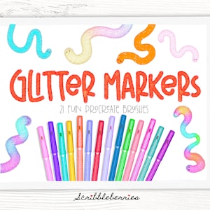 May include: A set of 21 glitter marker brushes for Procreate. The brushes are shown as colorful, glittery worms on a white background. The text "Glitter Markers" and "21 Fun Procreate Brushes" is also shown on the image.