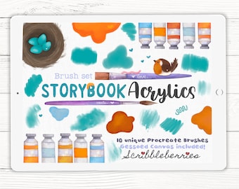 May include: A digital illustration of a brush set called "STORYBOOK Acrylics" with 10 unique Procreate brushes. The illustration includes paint tubes, paint splatters, a bird, a nest, and a paintbrush. The text "Gessoed Canvas included!" and "Scribbleberries" is also included in the illustration.