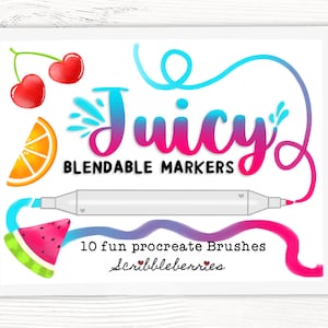 Può includere: Un'illustrazione digitale di uno schermo di tablet che mostra un set di 10 pennelli Procreate chiamati "Juicy Blendable Markers" di Scribbleberries. L'illustrazione presenta un pennarello, un'anguria, un'arancia e ciliegie.