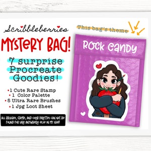May include: A digital art mystery bag displayed on a tablet screen. The bag's theme is "Rock Candy" and contains Procreate goodies. Text includes "Mystery Bag!" and a list of contents: stamps, color palette, brushes, and a loot sheet.