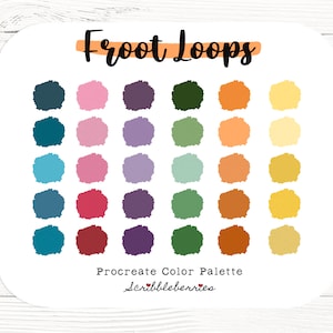 Op de afbeelding: Een digitaal kleurenpalet met de titel "Froot Loops" en de tekst "Procreate Color Palette" en "Scribbleberries". Het palet bevat 36 kleursamples in tinten blauw, roze, paars, groen, oranje en geel.