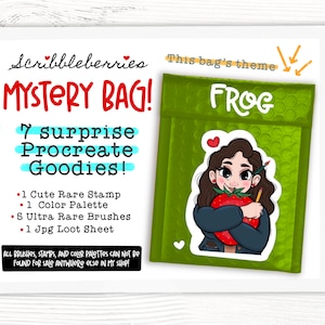 May include: A green bubble mailer with the text "This bag's theme: FROG" on the front. The mailer contains a digital art mystery bag with 7 surprise Procreate goodies: 1 cute rare stamp, 1 color palette, 5 ultra rare brushes, and 1 JPG loot sheet. All brushes, stamps, and color palettes are exclusive and not available for sale elsewhere.