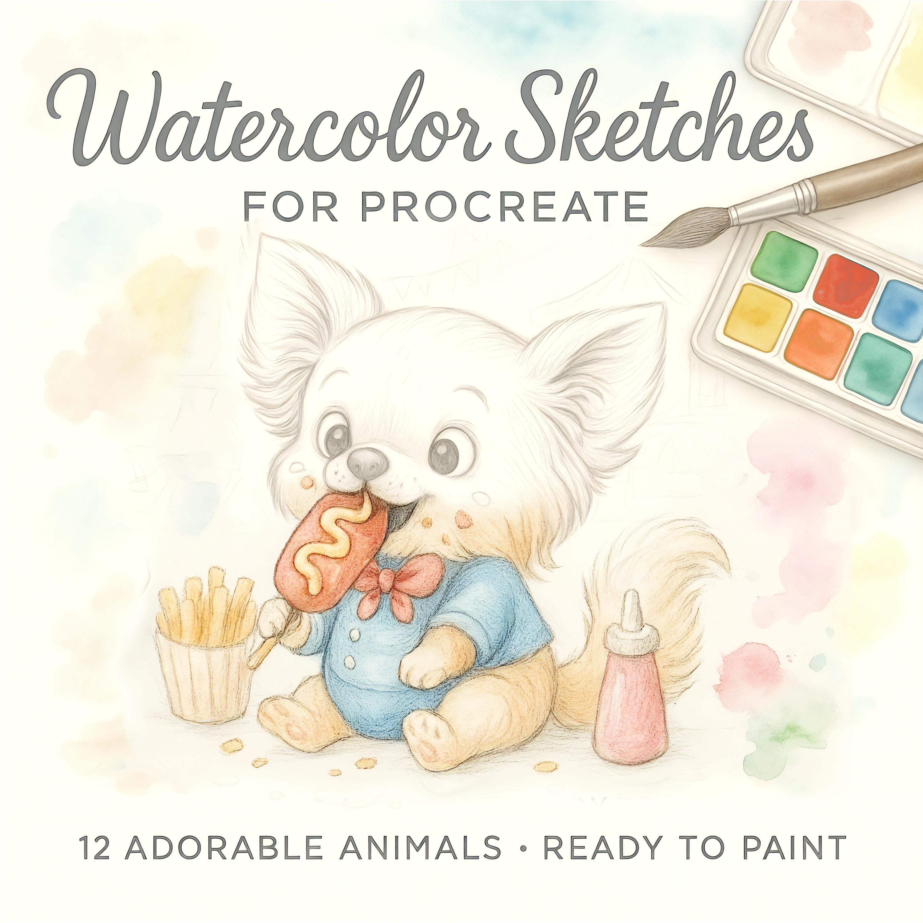 ほっとするおやつタイム仲間の水彩ぬりえページ|デジタル Procreate ぬりえブック(12×12、300 DPI)
