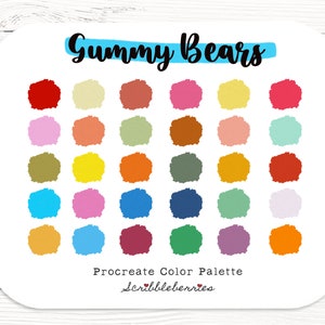May include: Gummy Bears Procreate Color Palette by Scribbleberries. A digital colour palette with 36 colour swatches in a grid pattern. The colours are a mix of bright and muted shades of red, orange, yellow, green, blue, and pink.