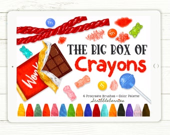 May include: A digital illustration of a box of crayons with the text "THE BIG BOX OF Crayons" and the words "6 Procreate Brushes + Color Palette! Scribbleberries". The image includes a variety of colorful crayon shapes, a chocolate bar, red licorice, and a lollipop.