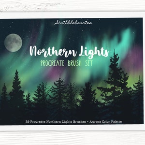 May include: A digital illustration of a night sky with a green, purple, and blue aurora borealis, a full moon, and a silhouette of a forest. The text "Northern Lights Procreate Brush Set" is displayed on the image. The text "29 Procreate Northern Lights Brushes + Aurora Color Palette" is displayed at the bottom of the image.