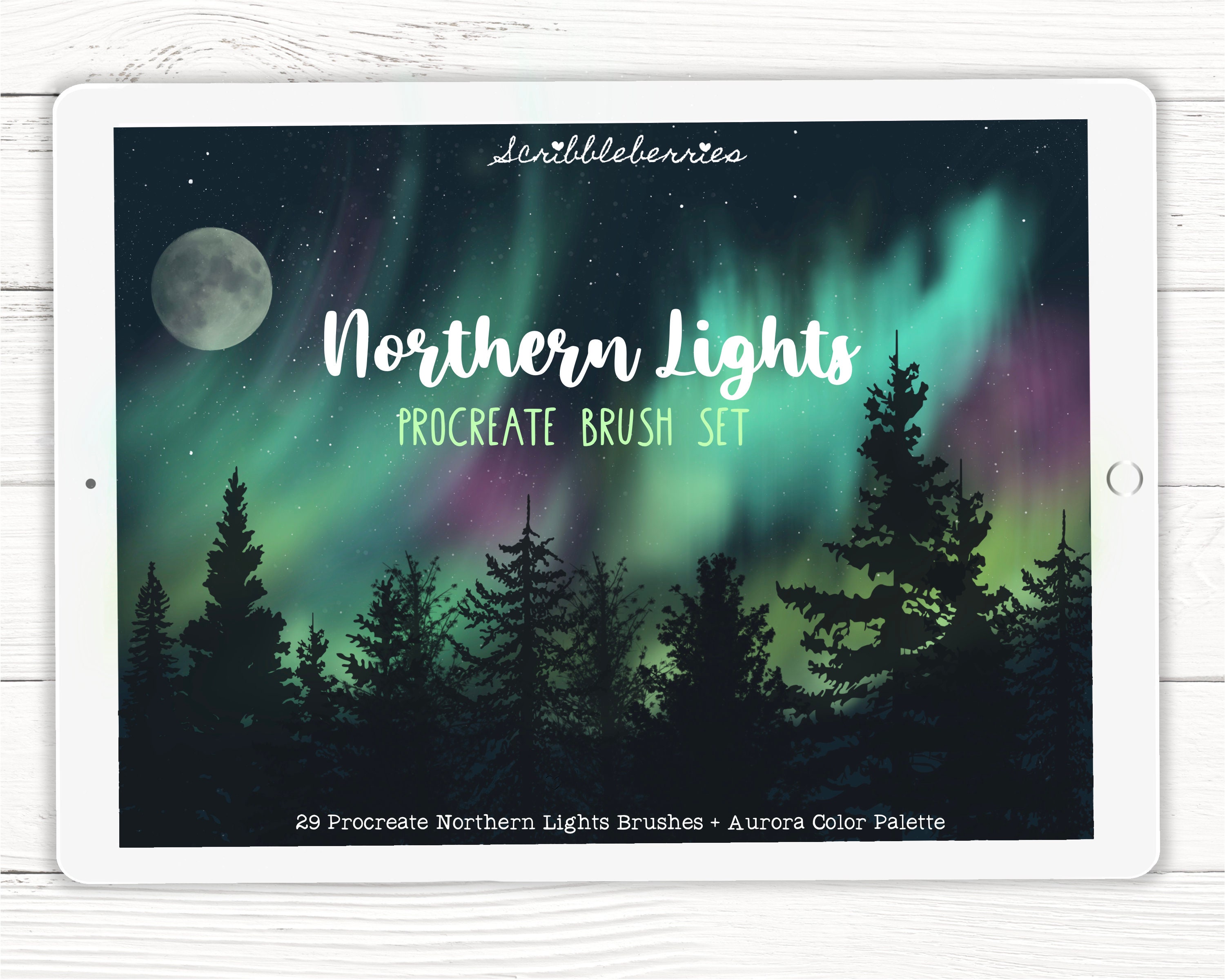 Northern Lights Procreate Brushes and Aurora Color Palette â Watercolor Glow, Inking and Pine Stamps