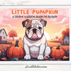 May include: Digital illustration on a tablet showing a bulldog between pumpkins. The text reads "Little Pumpkin" and "36 Storybook Illustration Brushes for Procreate". The background depicts a sunset and a farm scene.