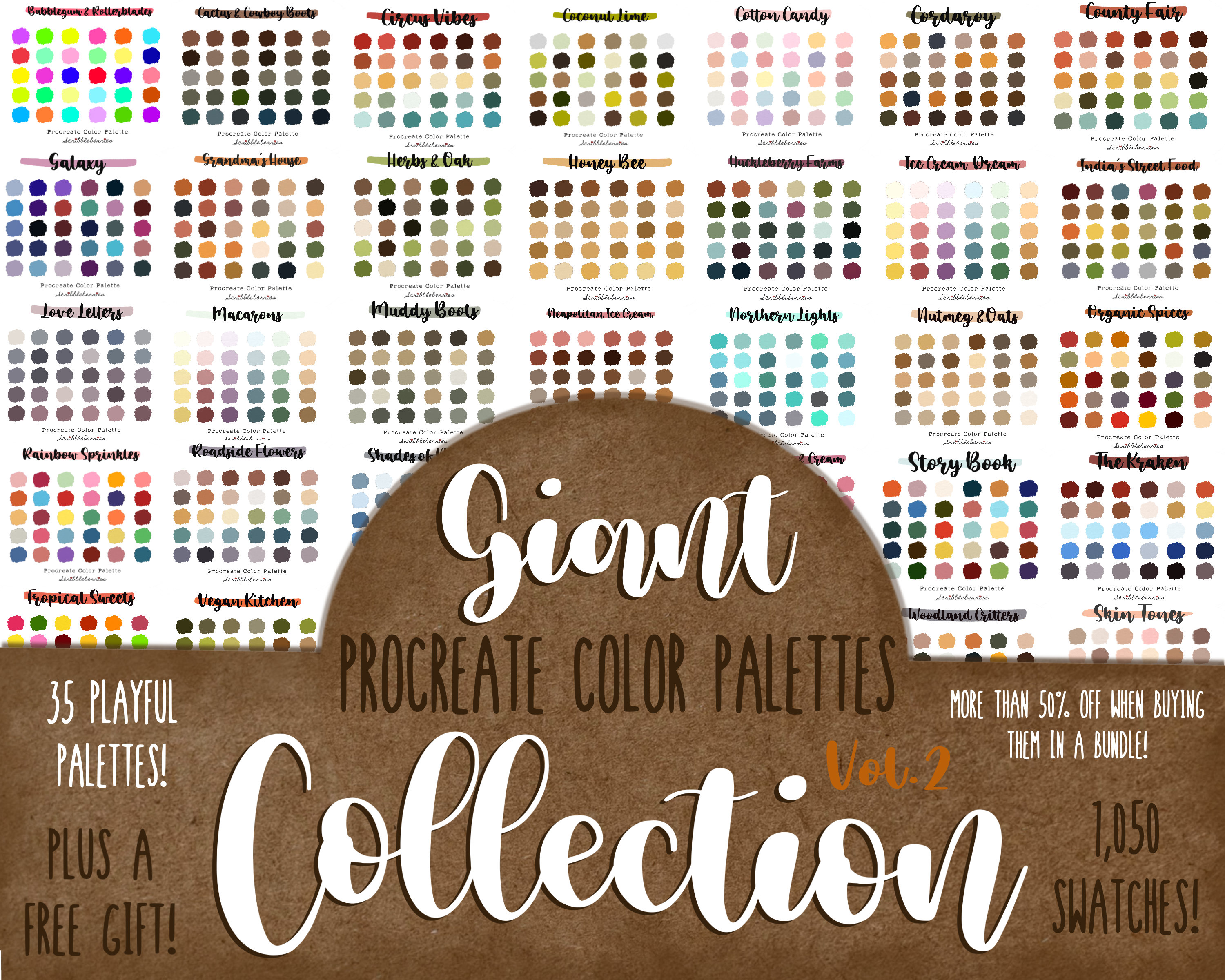 Pack de paletas de color para Procreate + kit de pinceles de cabello — 35 paletas, 2 pinceles extra para iPad