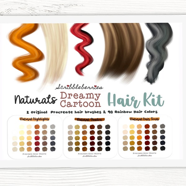 Dreamy cartoon Hair Kit, Procreate hair Brushes, procreate brushes, procreate color palettes, hair color palettes, iPad Pro, Pixar style