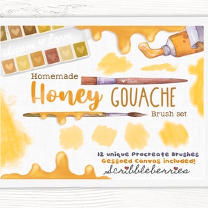 May include: A digital illustration of a tablet screen displaying a set of 12 unique Procreate brushes inspired by honey gouache. The image features a watercolour palette, paint tubes, and brush strokes in shades of yellow and orange. The text "Homemade Honey Gouache Brush Set" and "Scribbleberries" are also included.