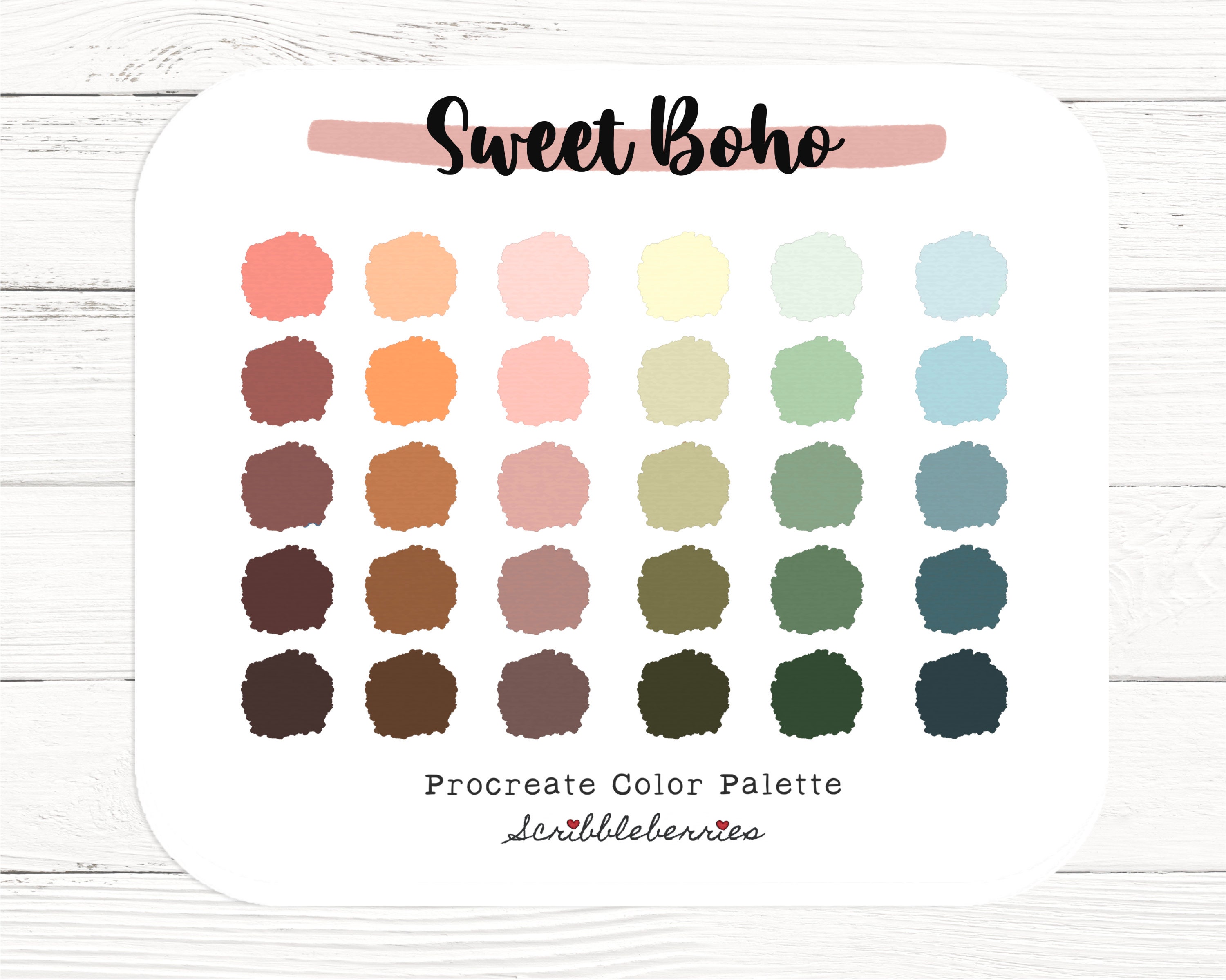 Paleta de colores Sweet Boho para Procreate – 30 swatches intensos para dibujar y diseñar en iPad