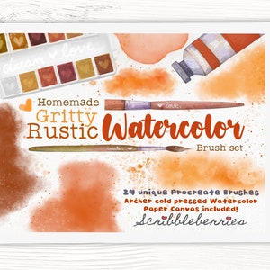 May include: A digital watercolor brush set displayed on a tablet. The image features watercolor paints, brushes, and the text "Homemade Gritty Rustic Watercolor Brush set." The set includes 24 unique Procreate brushes and paper canvas.