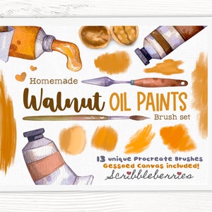 May include: A digital tablet screen displaying a set of 13 watercolor-style Procreate brushes for digital art. The brushes are inspired by walnut oil paints and feature various shades of brown and orange. The text "Homemade Walnut Oil Paints Brush Set" is displayed on the screen, along with the text "13 unique Procreate Brushes Gessoed Canvas included! Scribbleberries".