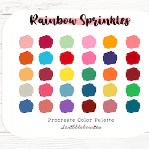 May include: A digital colour palette with 25 different shades of colour, labelled "Rainbow Sprinkles". The palette is designed for use with the Procreate app and is created by Scribbleberries.