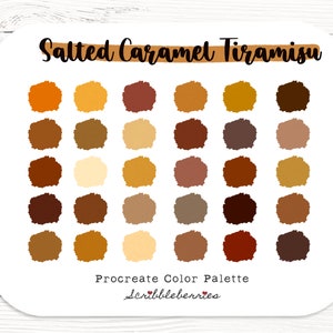 May include: A digital colour palette for Procreate featuring 36 shades of brown, beige, and orange. The palette is titled "Salted Caramel Tiramisu" and is by Scribbleberries.