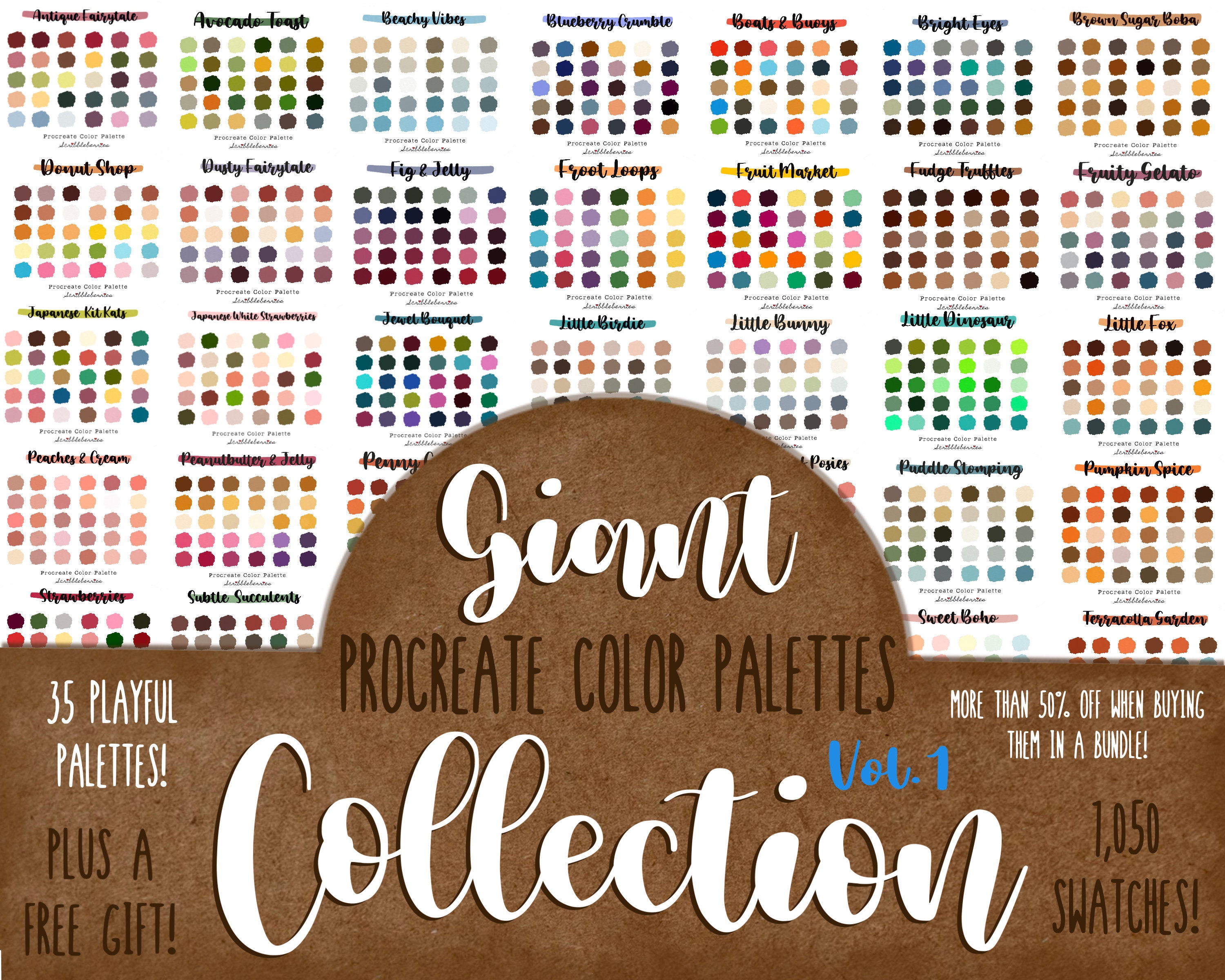 Procreate Color Palette Bundle Collection #1 – 35 Palettes + Bonus Hair Brushes for iPad