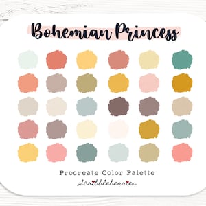 Pode incluir: Uma paleta de cores Procreate intitulada "Bohemian Princess" com 28 amostras de cores em vários tons pastel suaves. A paleta inclui cores como pêssego, verde sálvia e rosa empoeirado.