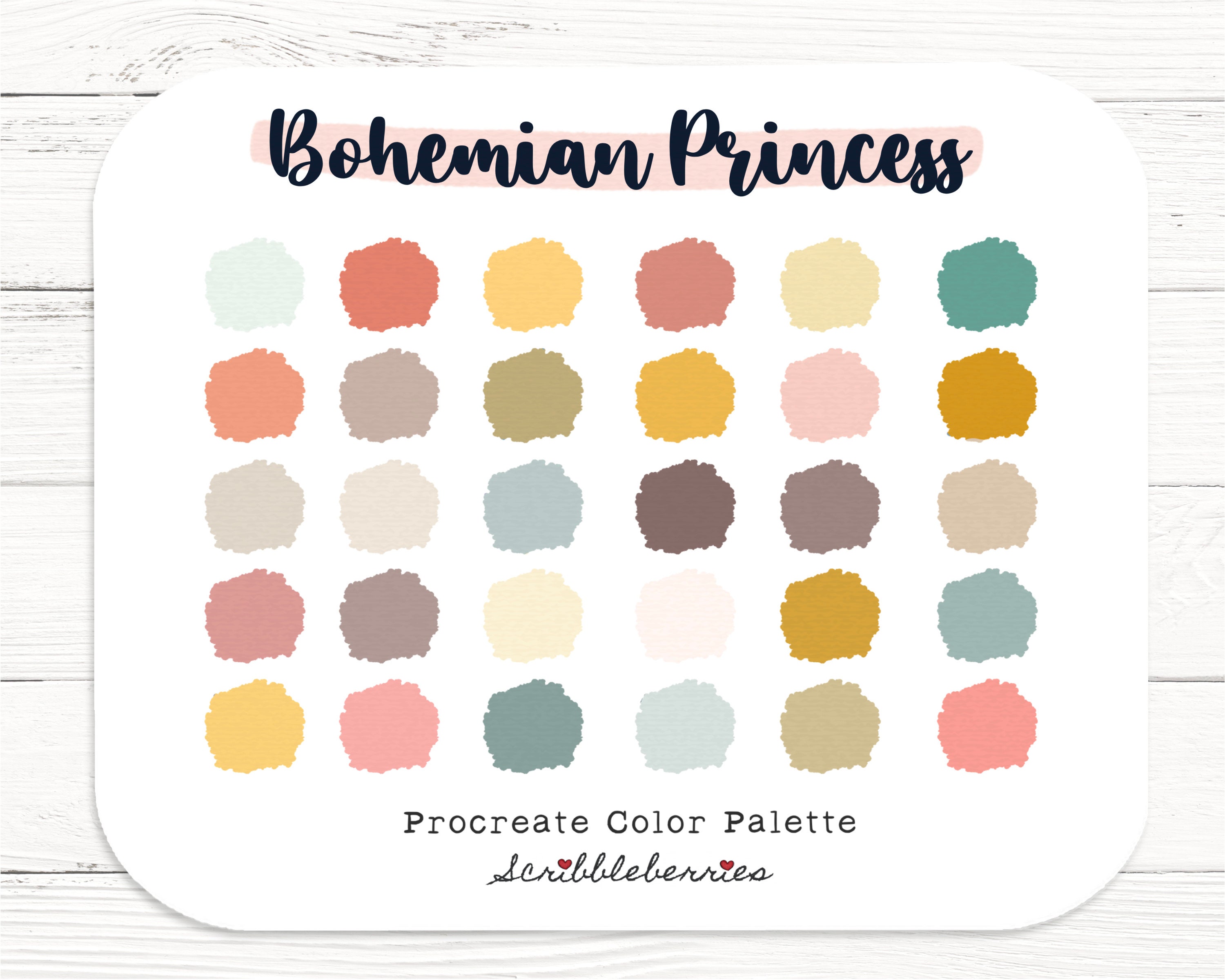 Paleta de colores Boho Princess para Procreate – 30 tonos terrosos para arte e ilustración en iPad