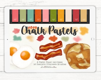 May include: A digital illustration of a tablet screen showing a set of 12 soft chalk pastel brushes for Procreate. The brushes are shown in a variety of colors, including red, orange, yellow, green, blue, and purple. The text "Soft Chalk Pastels" is displayed on the screen. The image also includes a digital illustration of a breakfast scene with eggs, bacon, and pancakes.