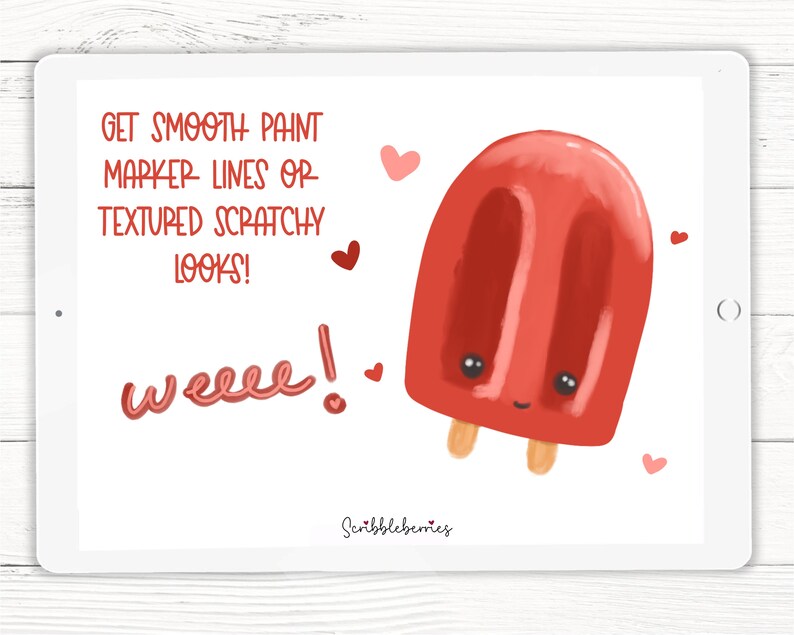 Op de afbeelding: Een digitale illustratie van een rode ijslolly met een vrolijk gezicht en twee kleine armen. De ijslolly is omringd door kleine roze hartjes. De tekst "Get smooth paint marker lines or textured scratchy looks!" staat bovenaan de afbeelding. De tekst "weeee!" staat onderaan de afbeelding.