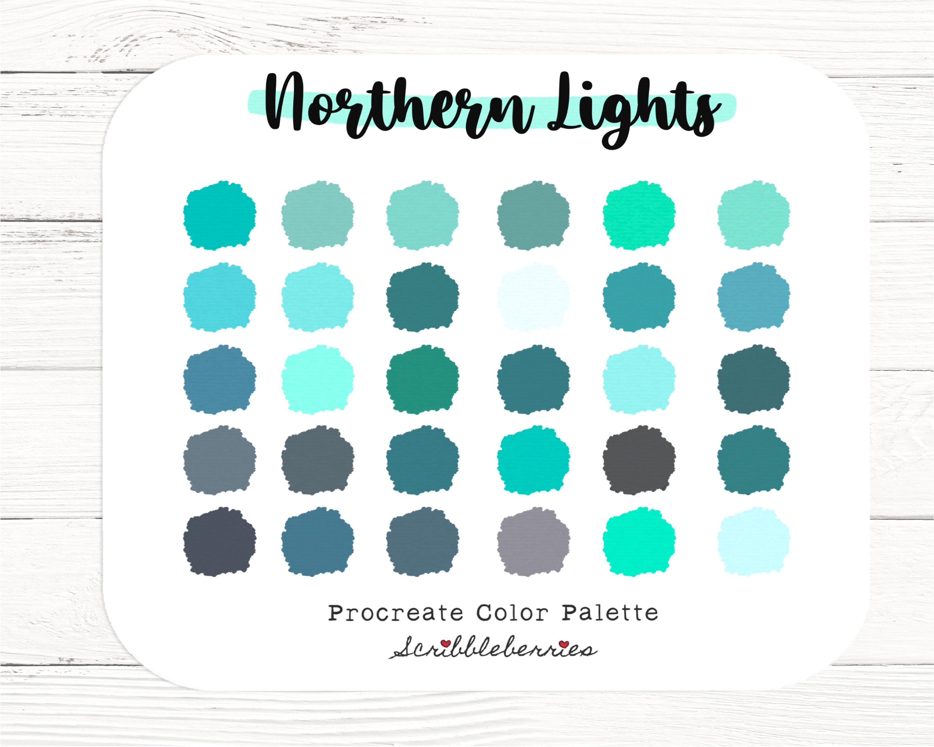 Paleta de colores para Procreate Northern Lights – 30 tonos teal, azules y grises para iPad