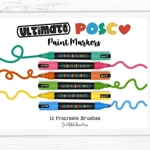 Op de afbeelding: Een digitaal tabletscherm dat een set van 11 Procreate-penselen voor digitale kunst weergeeft. De penselen zijn gelabeld met "Scribbleberries" en zijn ontworpen om de uitstraling van Posca-stiften na te bootsen. De kleuren van de penselen zijn turquoise, roze, oranje, groen, geel en blauw.