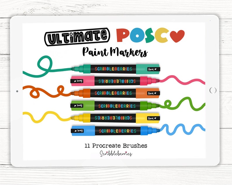 Op de afbeelding: Een digitaal tabletscherm dat een set van 11 Procreate-penselen voor digitale kunst weergeeft. De penselen zijn gelabeld met "Scribbleberries" en zijn ontworpen om de uitstraling van Posca-stiften na te bootsen. De kleuren van de penselen zijn turquoise, roze, oranje, groen, geel en blauw.