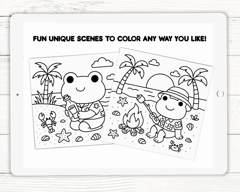 Little Frogs Beach Day Digital Coloring Book, Digital Coloring Pages