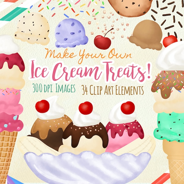 Ice Cream Sundae Clip Art Elements, Ice Cream Treats Clip Art, Planner Stickers, Ice Cream Illustration