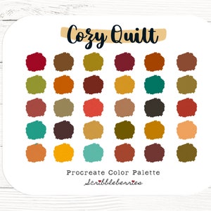 Puede incluir: Paleta de colores Procreate Cozy Quilt de Scribbleberries. Una paleta de colores digital con 25 muestras de colores en tonos de marrón, rojo, naranja, amarillo, verde y turquesa.