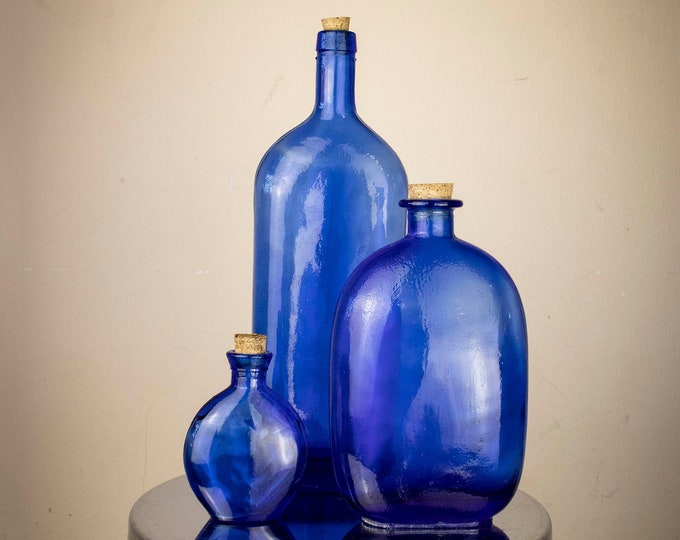 Set of 3 Vintage Handmade Blue Glass Bottles with Cork Stoppers