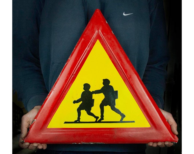 Large Vintage Enamel Triangular Traffic Sign form a School, Enamel "Kids Crossing" Road Sign