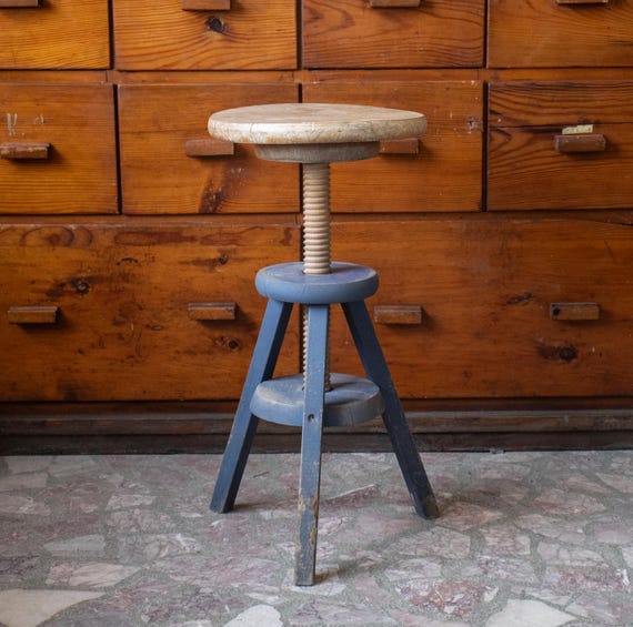 Vintage Adjustable Wooden Screw Stool