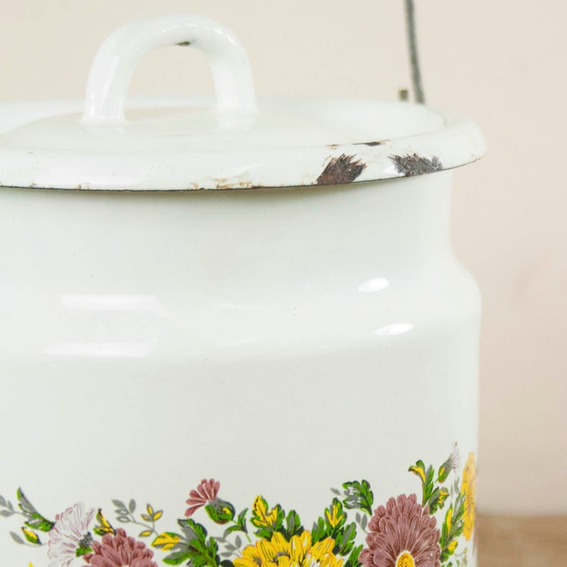 Vintage Enamel Milk Pot With Flowers Enameled Dairy Bottle Etsy