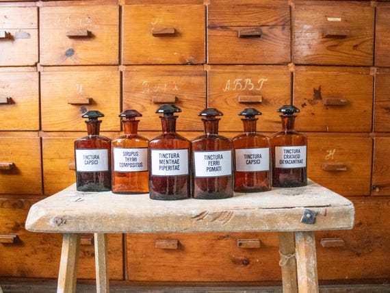 Vintage Apothecary Bottle Set, Amber Glass Pharmacy Bottles with Labels
