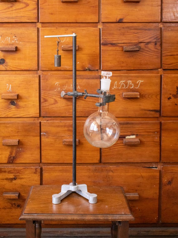 Vintage Laboratory Stand with Glass Round Bottom Flask – Antique Chemistry Lab Apparatus – Scientific Industrial Decor