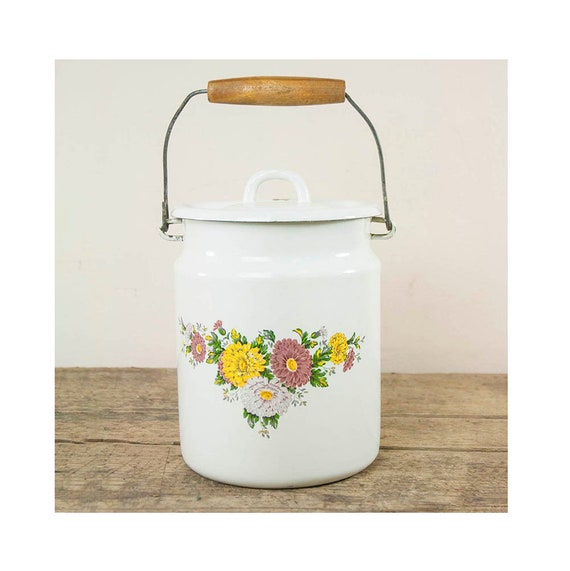 Vintage Enamel Milk Pot with Flowers, Enameled Dairy Bottle, Vintage Enamel Pot