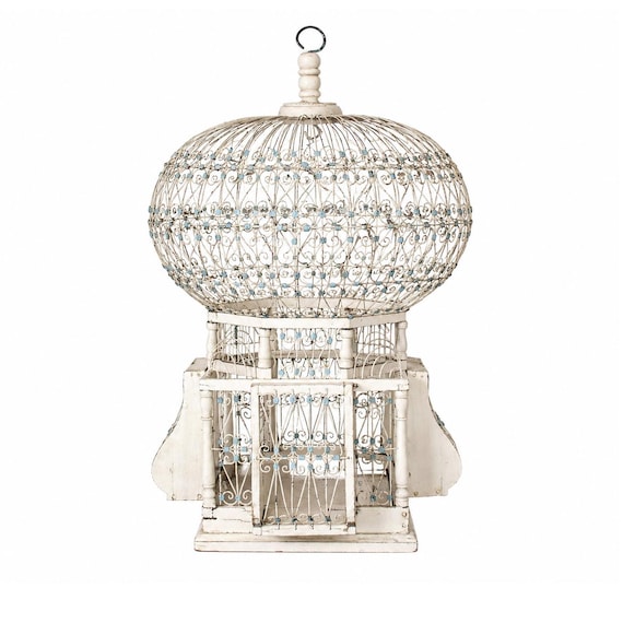 Ornate Vintage Bird Cage, White Metal with Dome Top