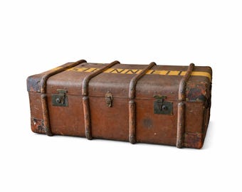 Große Vintage Reisetruhe – Selfridges London Label – Antike Überseetruhe